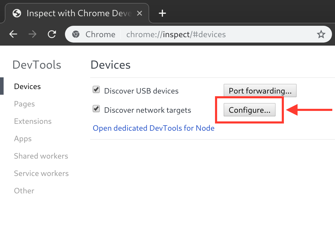Chrome DevTools 设备页面中的 Configure 按钮