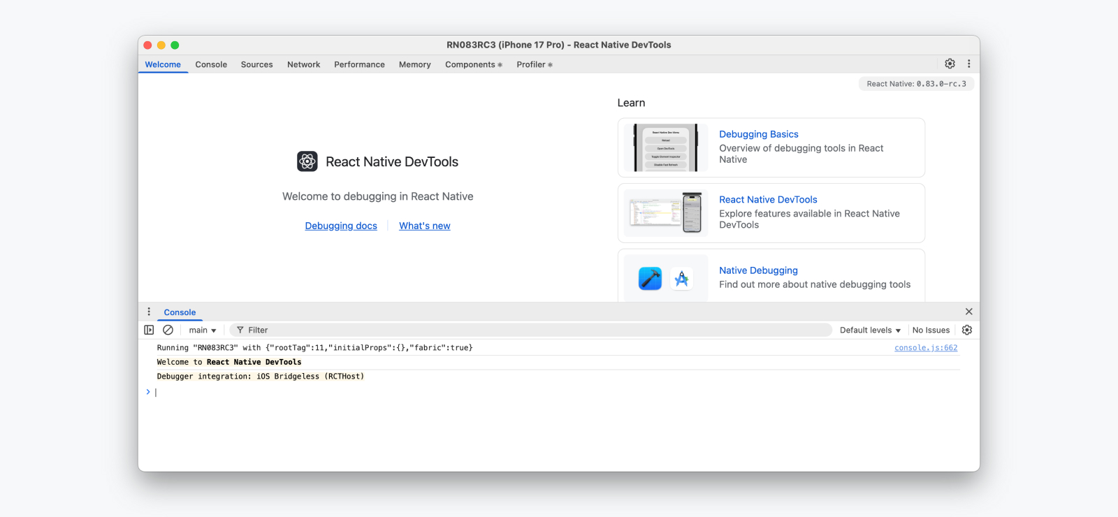 打开到“Welcome”面板的 React Native DevTools